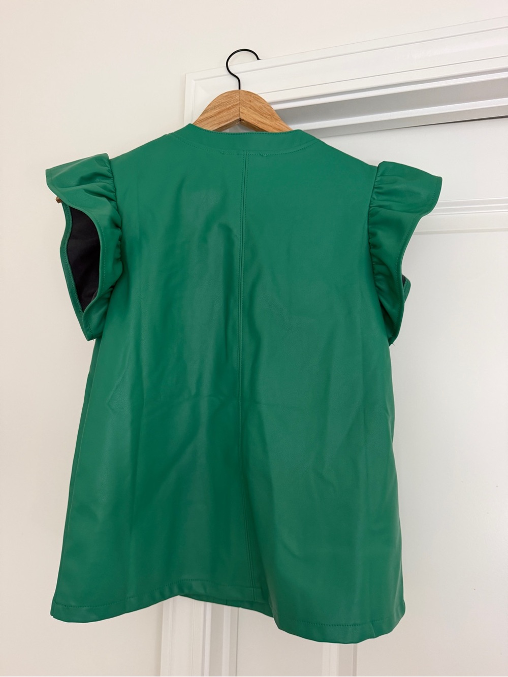 THML Emerald Green Ruffle Sleeve Vegan Leather Top - Picture 2 of 2
